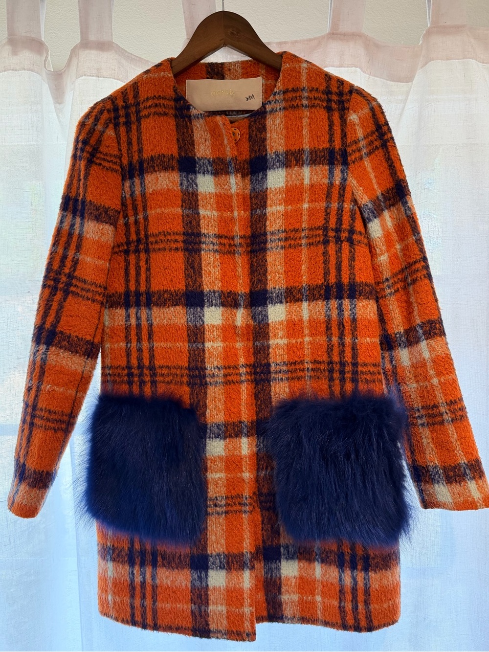 Ochirly Wool Mohair Plaid Mod Statement Coat Real Fox Fur Pockets